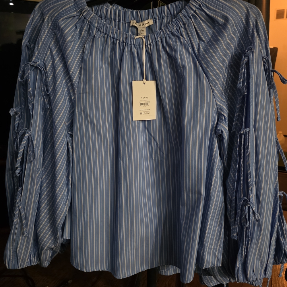 Elegant Blue Striped Blouse with Tie Sleeves